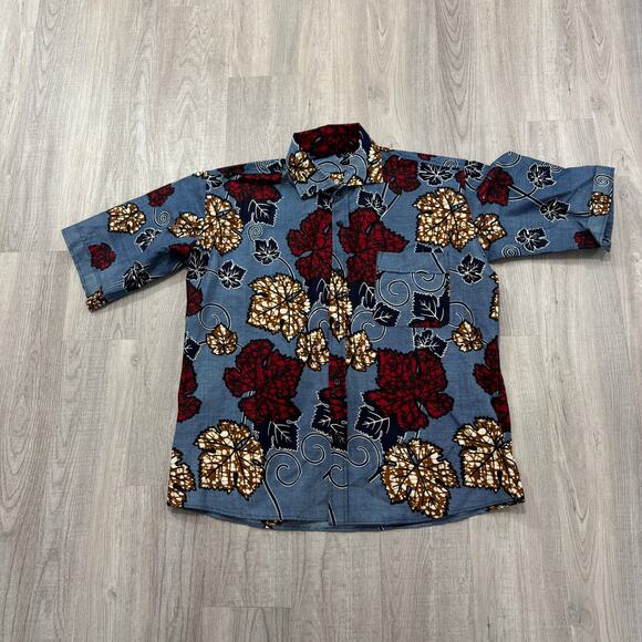 Vintage Short Sleeve Button Shirt Size XL Blue Leaves Floral 60s 70s Hand Made - Picture 1 of 8